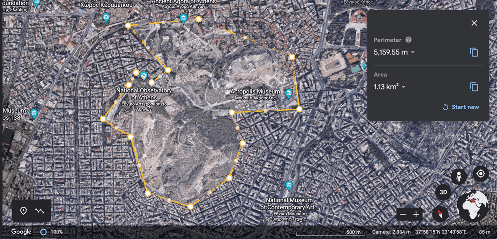 Έκταση του κέντρου της Αθήνας. Εικόνα από Google Maps