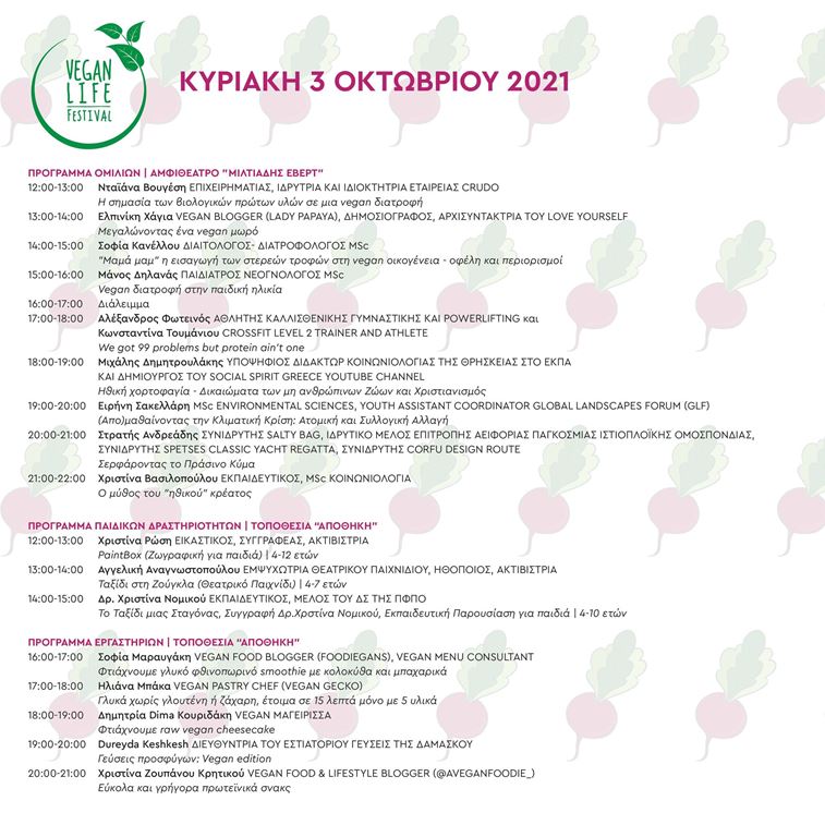 Vegan Life Festival Πρόγραμμα ομιλιών και εργαστηρίων Κυριακή 3.10.21